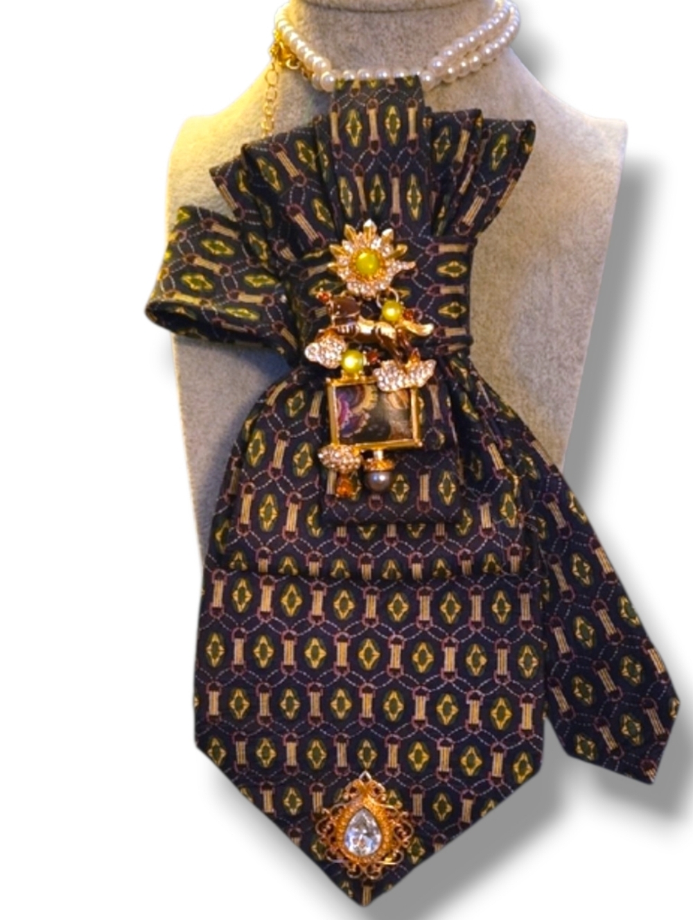 3/$60 Jewel Toned Blue & Gold Folded Cravat with Decorative Brooches